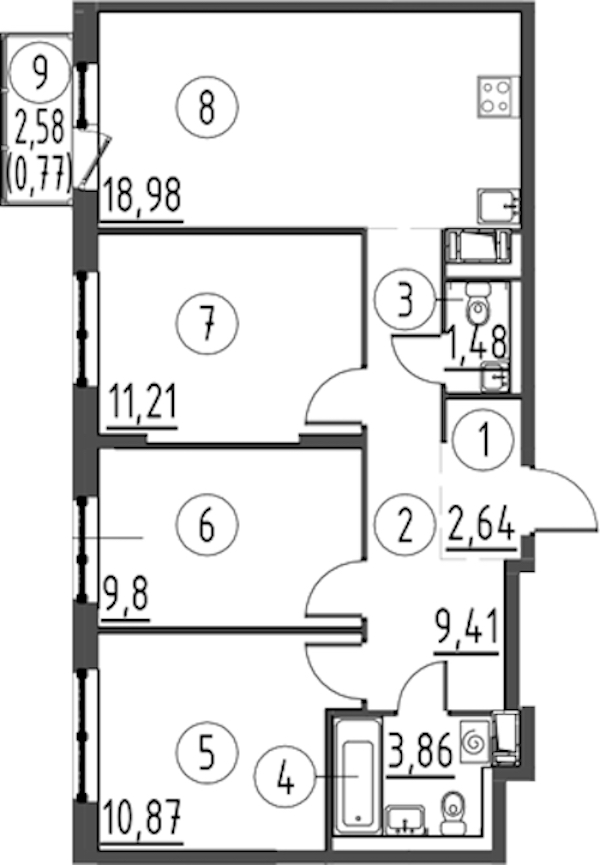3-комнатная квартира 69.02 м², 12/13 эт., ЖК «Квартал Торики»